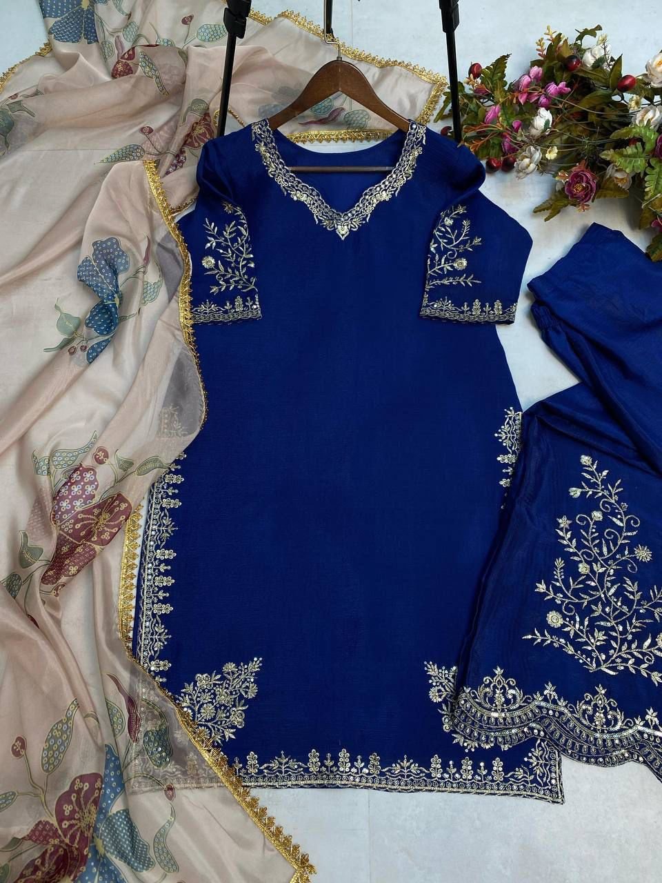 STITCHED NEW SUPER HIT 5 COLOUR EXCLUSIVE DESIGNER HEAVY CHINON WITH SEQUANCE EMBROIDERY WORK SUIT WITH FULL FLAIR WORK GHARARA CODE :-AK-1872 - Image 4