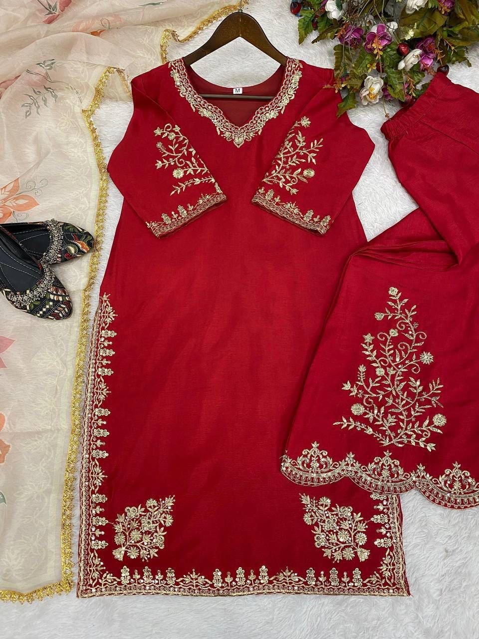 STITCHED NEW SUPER HIT 5 COLOUR EXCLUSIVE DESIGNER HEAVY CHINON WITH SEQUANCE EMBROIDERY WORK SUIT WITH FULL FLAIR WORK GHARARA CODE :-AK-1872 - Image 8