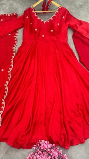 Alternative view of STITCHED Gown Collection Elegance in Red A perfect blend of grace and tradition, this stunning red anarkali with delicate embroidery is all about timeless beauty. AK ON5136