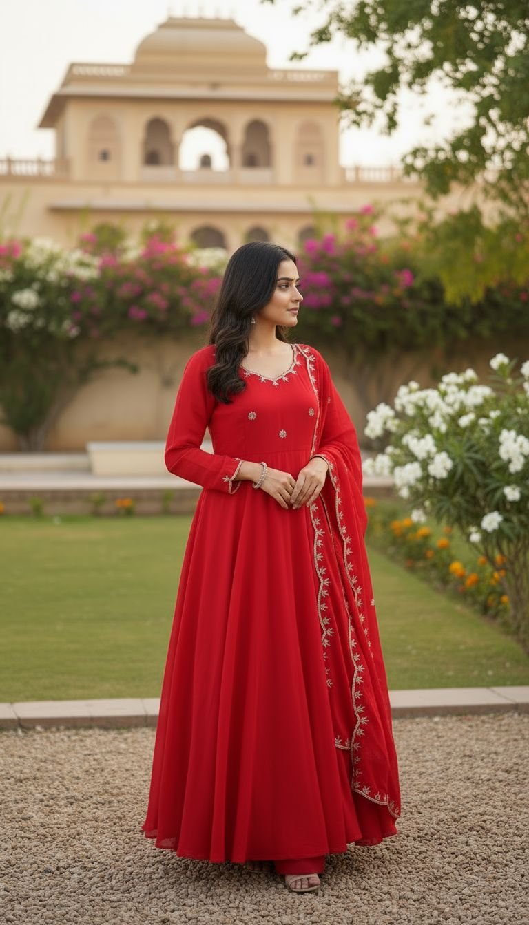 STITCHED Gown Collection Elegance in Red A perfect blend of grace and tradition, this stunning red anarkali with delicate embroidery is all about timeless beauty. AK ON5136