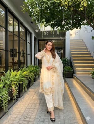 stitched NEW DESIGNER HEAVY FUAX GEORGETTE  EMBROIDERY WORK 3 PIS SUIT SET CODE:-AK-244