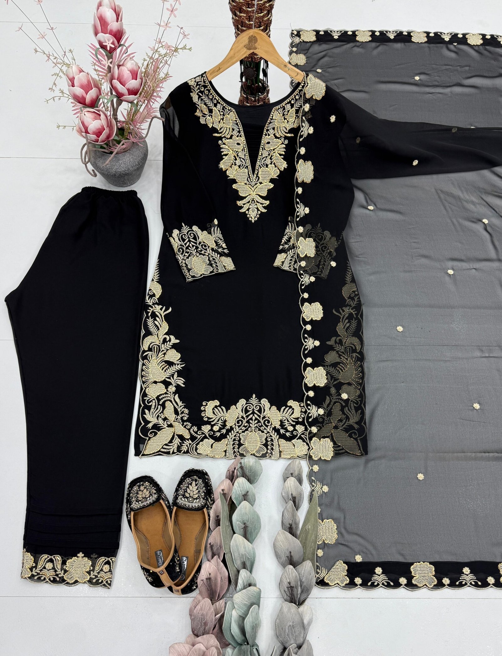 stitched NEW DESIGNER HEAVY FUAX GEORGETTE EMBROIDERY WORK 3 PIS SUIT SET CODE:-AK-244 - Image 4