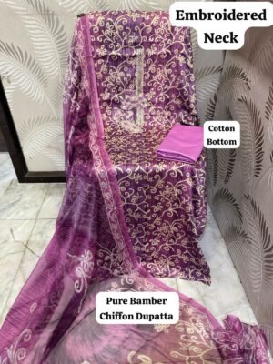 Alternative view of unstitched SOFT LAWN FULL EMBROIDERED WORK SHIRT) PURE BAMBER CHIFFON DUPATTA PRINTED COTTON SOFT TROUSERS