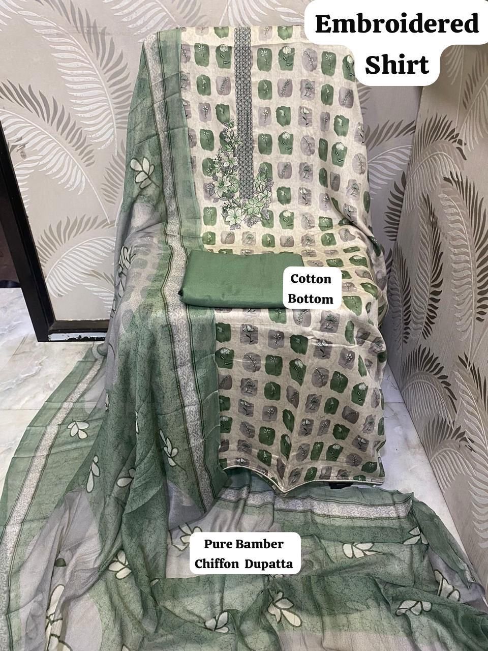 unstitched SOFT LAWN FULL EMBROIDERED WORK SHIRT) PURE BAMBER CHIFFON DUPATTA PRINTED COTTON SOFT TROUSERS - Image 4