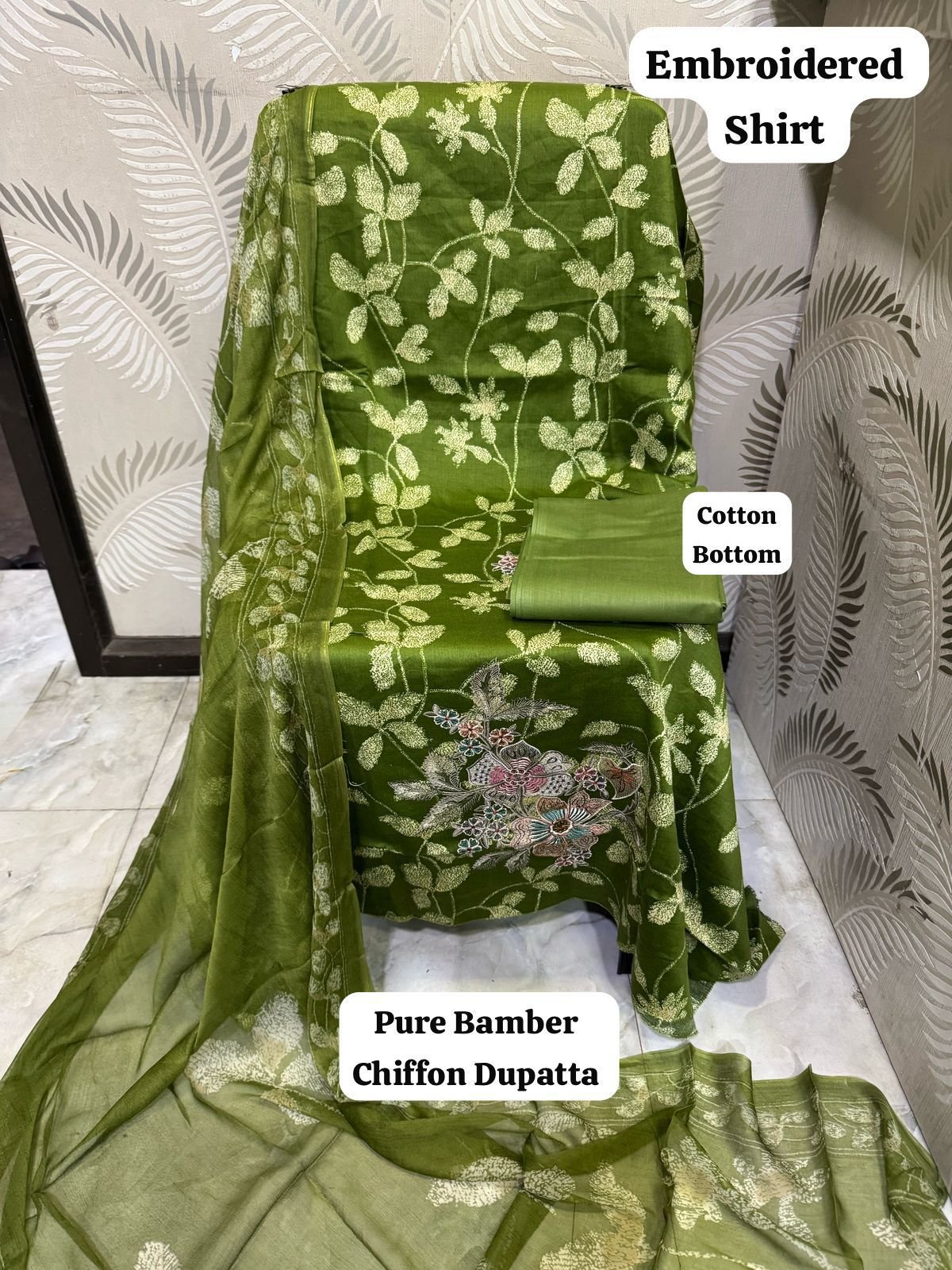 unstitched SOFT LAWN FULL EMBROIDERED WORK SHIRT) PURE BAMBER CHIFFON DUPATTA PRINTED COTTON SOFT TROUSERS - Image 3