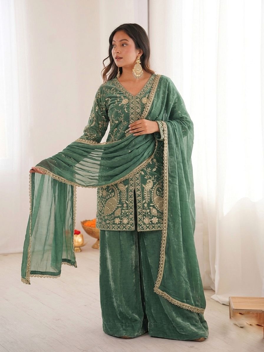 stitched Launching New Party Wear Look Pur Heavy Fendy Silk Top Plazzo & Dupatta Set - Image 2
