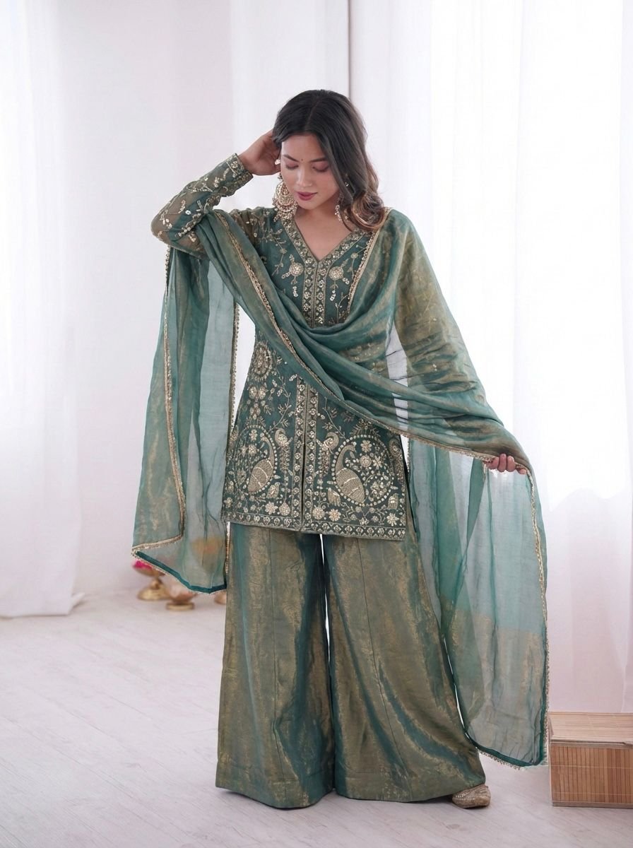 stitched Launching New Party Wear Look Pur Heavy Fendy Silk Top Plazzo & Dupatta Set - Image 3