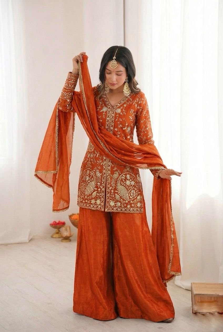 stitched Launching New Party Wear Look Pur Heavy Fendy Silk Top Plazzo & Dupatta Set