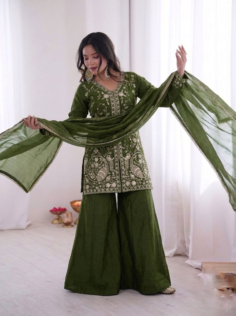 stitched Launching New Party Wear Look Pur Heavy Fendy Silk Top Plazzo & Dupatta Set - Image 5