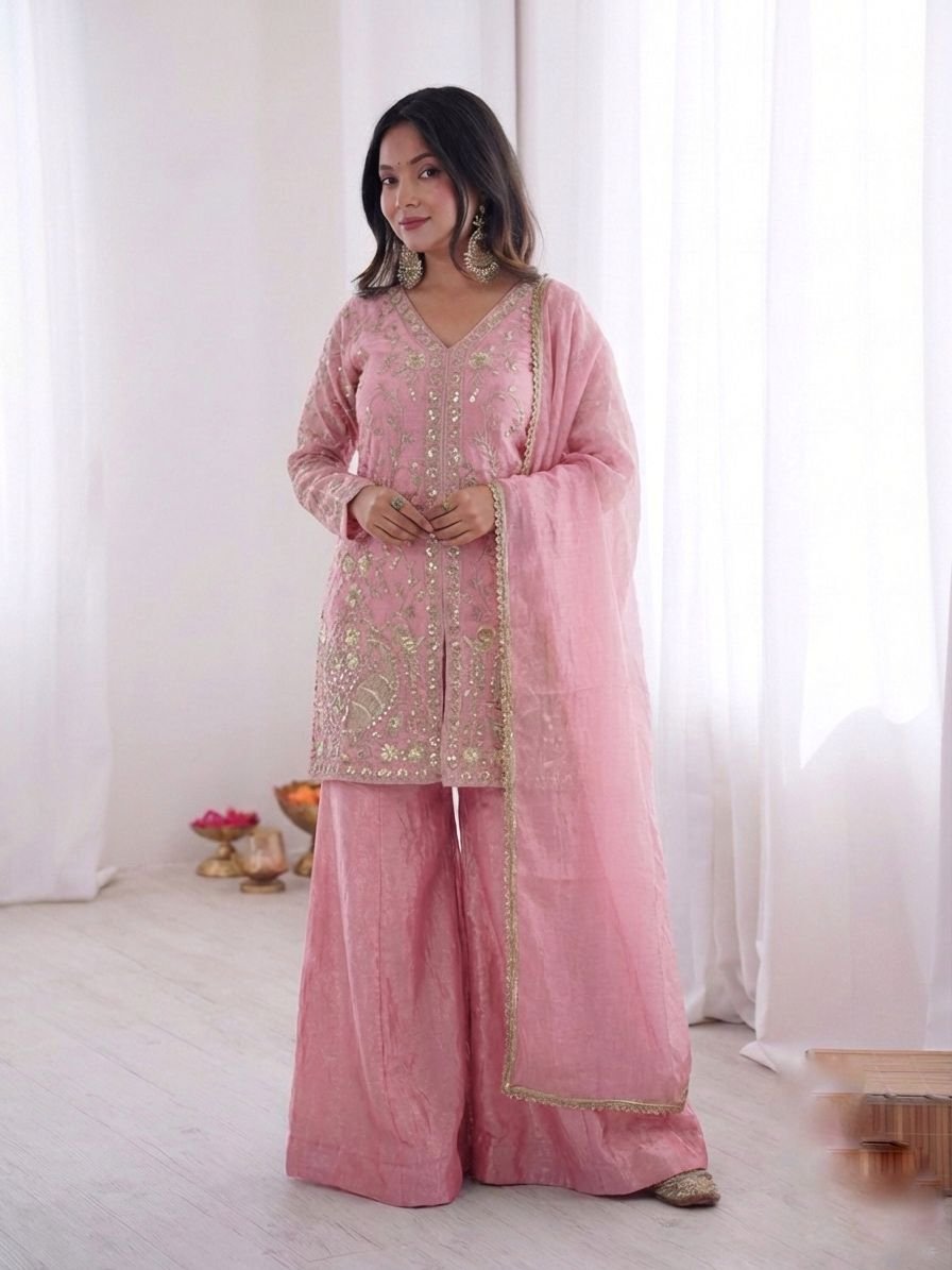 stitched Launching New Party Wear Look Pur Heavy Fendy Silk Top Plazzo & Dupatta Set - Image 6