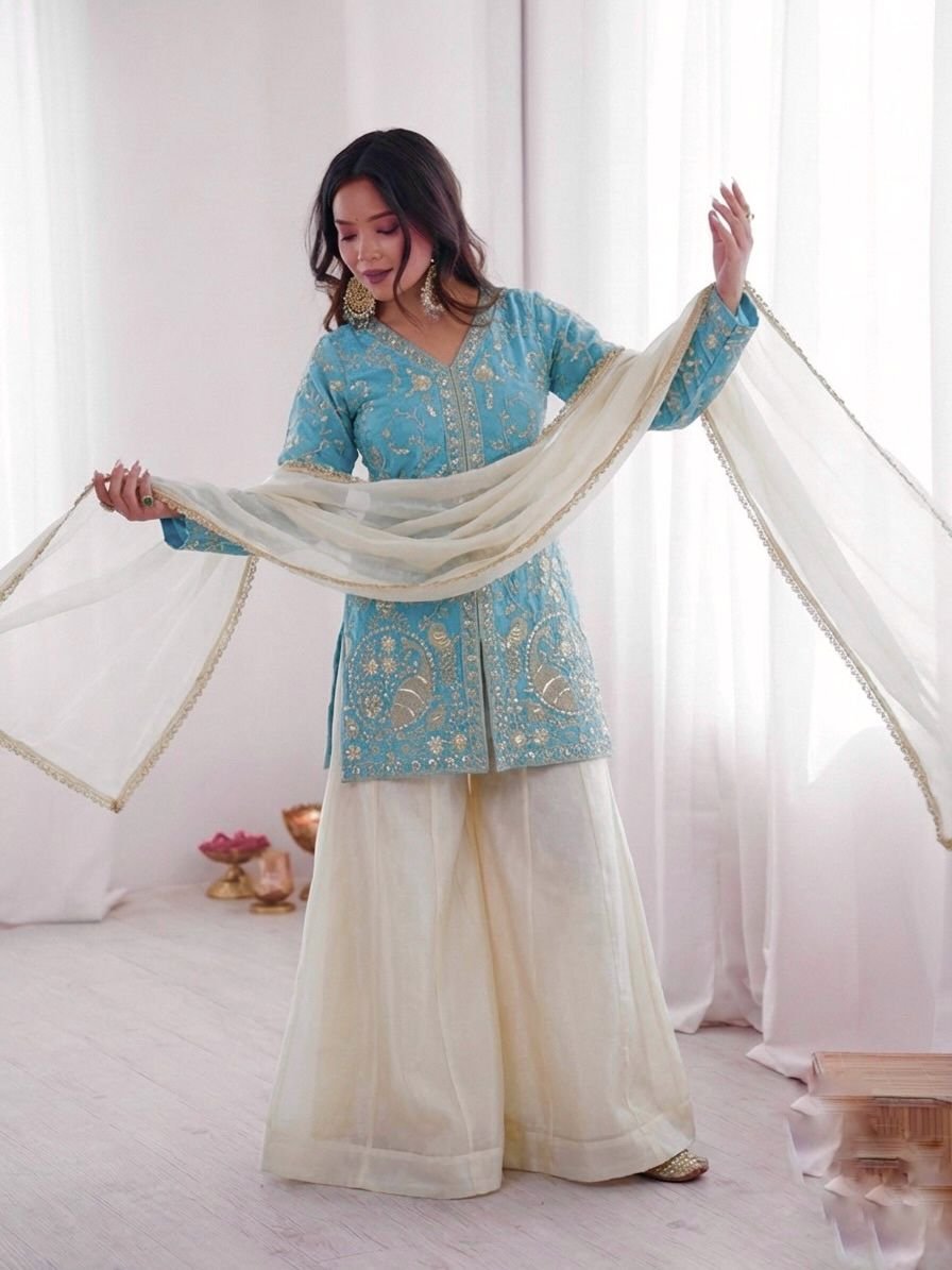 stitched Launching New Party Wear Look Pur Heavy Fendy Silk Top Plazzo & Dupatta Set - Image 4