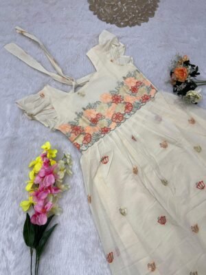 Alternative view of stitched New Launching Mul Cotton gown with elegant embroidery women's super collection with original modelling. Beautiful fully stitched designer gown with attractive sleeves  for Festive Season...