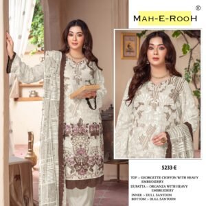 unstiched MAH-E-ROOH  DESIGN NO : 5233  TOP & SLEEVES  : Heavy Chiffon with Embroidered 3mm Sequence work + Khatli Work