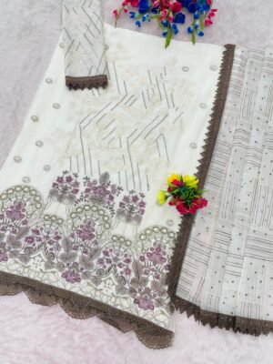 Alternative view of unstiched MAH-E-ROOH  DESIGN NO : 5233  TOP & SLEEVES  : Heavy Chiffon with Embroidered 3mm Sequence work + Khatli Work