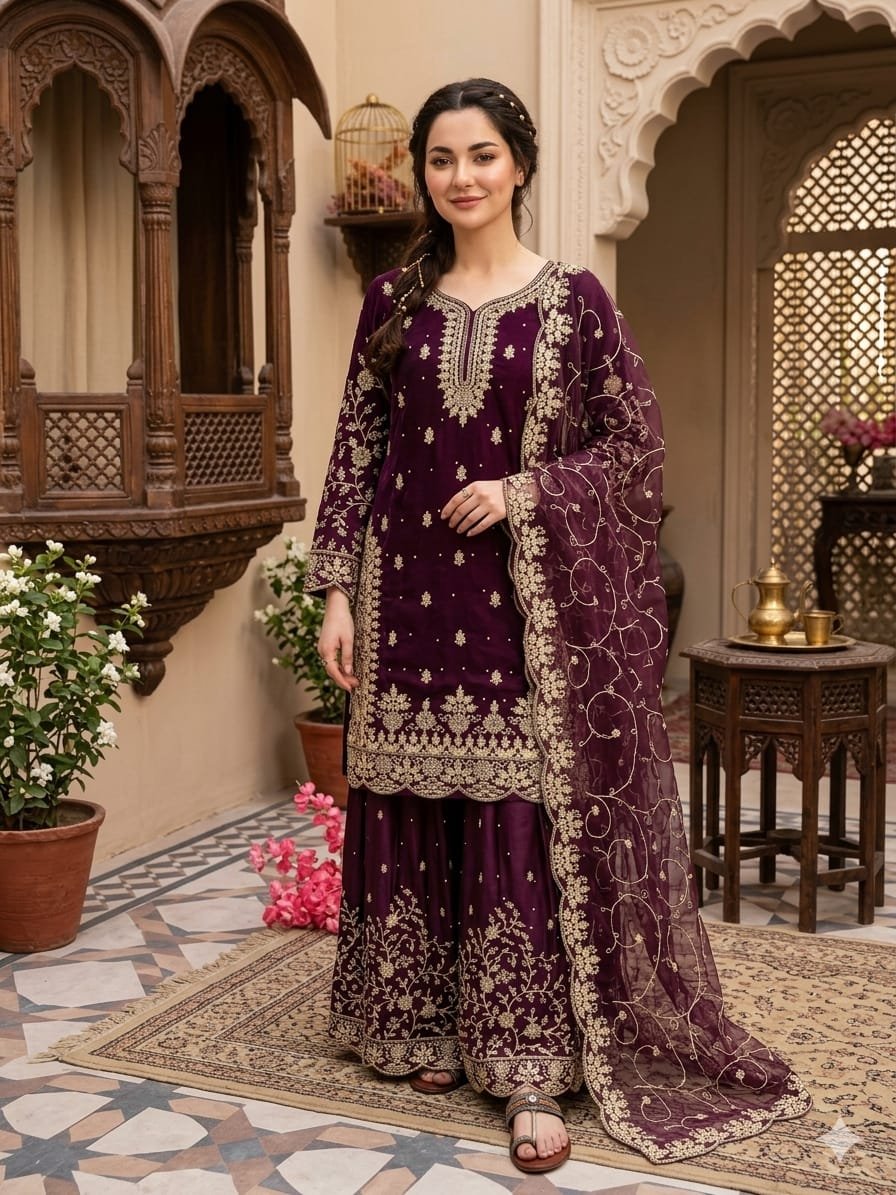 stitched PREMIUM DESIGNER READYMADE TOP PLAZZO COLLECTIONS Launching New Đěsigner Party Wear Look Pur GMY SILK Top Plazzo & Dupatta Set Code:-AK1141 - Image 11