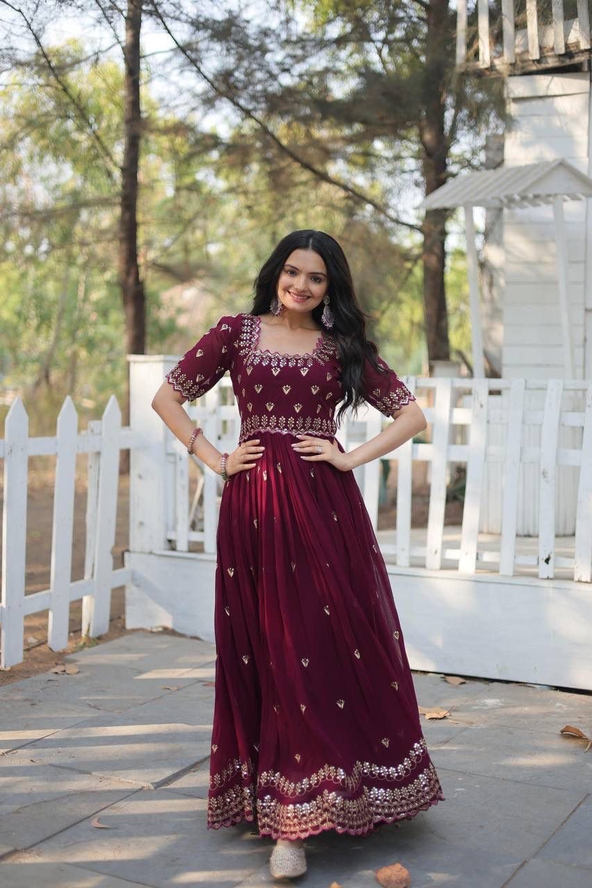 stitched Designer Gown is luxury clothing Considered to be high quality Made by Zari-Thread & Sequins Embroidery. This is Made for Desirable Women's who deserve it