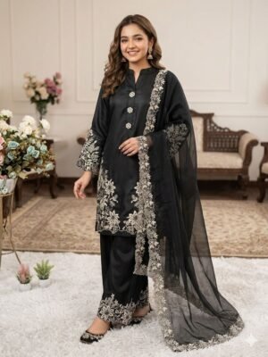 stitched THIS SUMMER SEASON WEAR PAKISTANI SUIT WITH EMBROIDERED WORKED TOP, PLAZZO AND DUPATTA _  CODE :-AK-2083