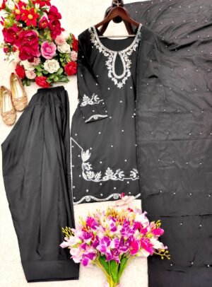 Alternative view of stitched Launching New Design Trending Natural Satin*Top&Farshi-Palazzo&dupatta AK-:-1259