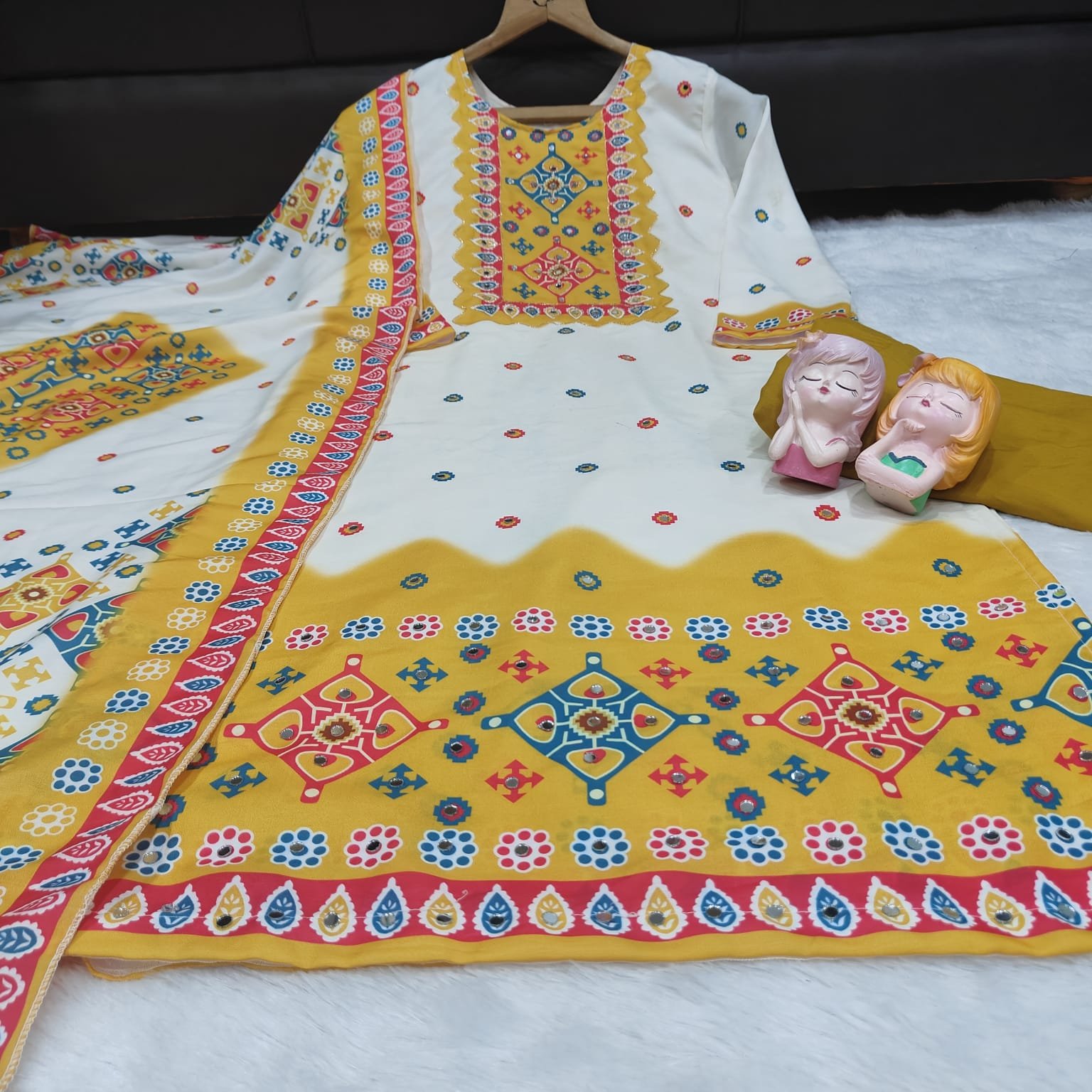 stitched These stunning ethnic sets are crafted from premium Maslin fabric, known for its buttery-smooth texture, natural sheen, and lightweight comfort. Perfect for festive occasions or elegant daily wear, these outfits blend traditional artistry with a modern silhouette. - Image 4