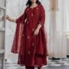 stitched A-line Anarkali flared Premium Chinnon with Full Cotton lining kurti set With Full Embroidery, Designed to make you stand out at any festive or Celebratory Occasion. Crafted from luxurious silk, the A line Anarkali kurti features a graceful flare that flows beautifully.