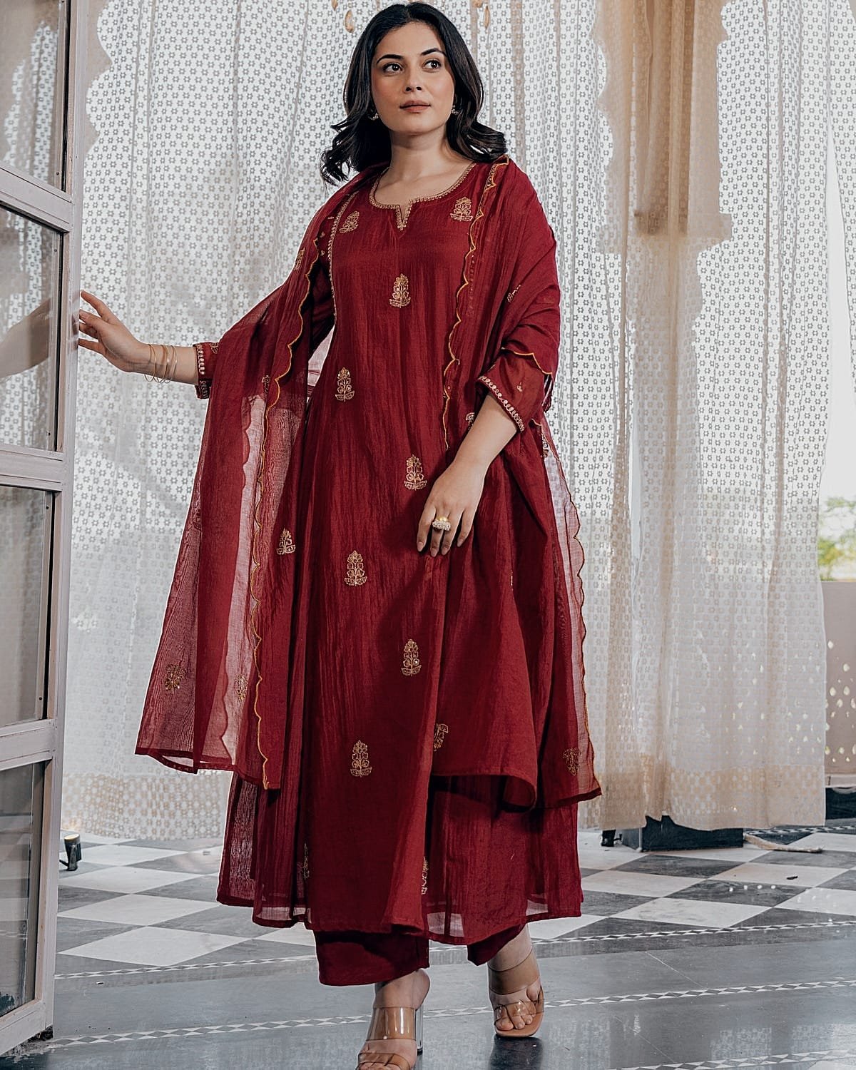 stitched A-line Anarkali flared Premium Chinnon with Full Cotton lining kurti set With Full Embroidery, Designed to make you stand out at any festive or Celebratory Occasion. Crafted from luxurious silk, the A line Anarkali kurti features a graceful flare that flows beautifully.