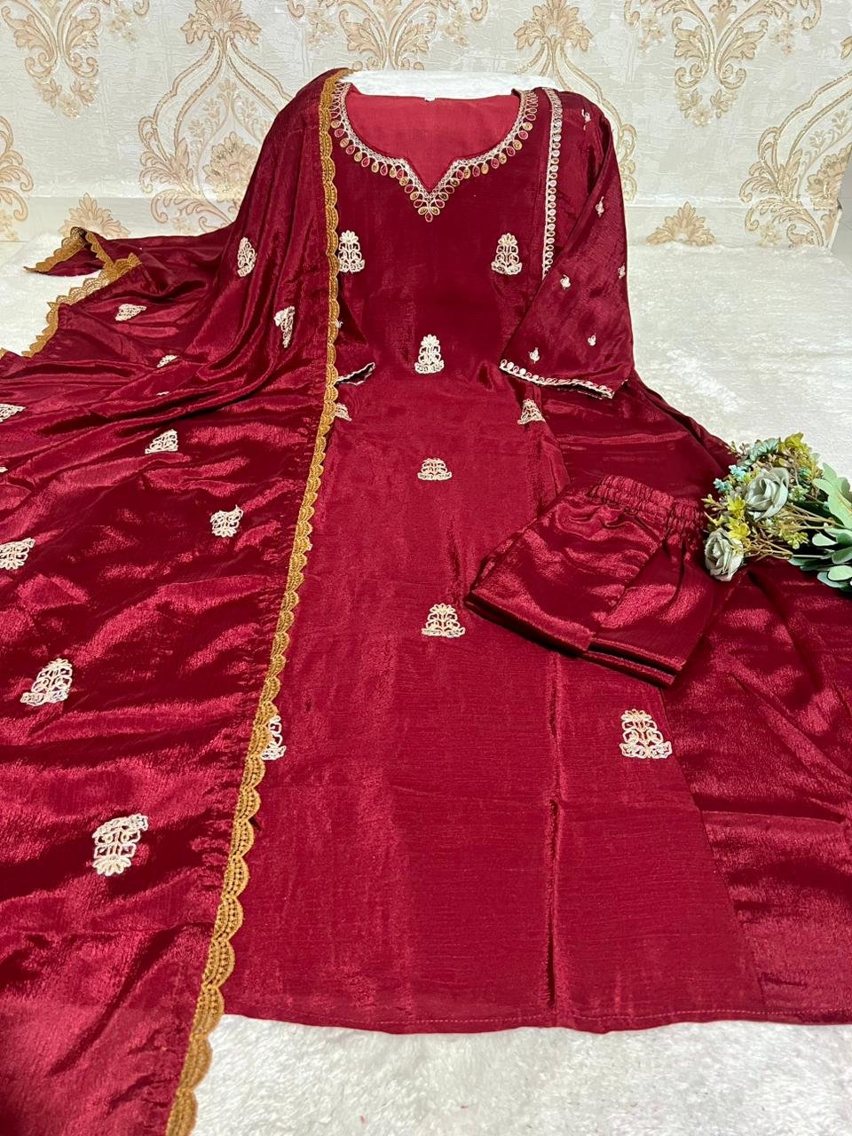 stitched A-line Anarkali flared Premium Chinnon with Full Cotton lining kurti set With Full Embroidery, Designed to make you stand out at any festive or Celebratory Occasion. Crafted from luxurious silk, the A line Anarkali kurti features a graceful flare that flows beautifully. - Image 2