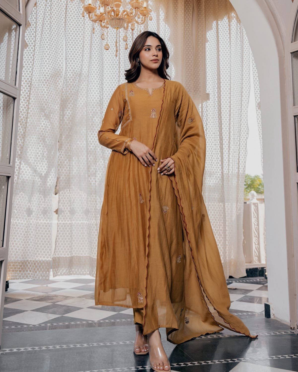 stitched A-line Anarkali flared Premium Chinnon with Full Cotton lining kurti set With Full Embroidery, Designed to make you stand out at any festive or Celebratory Occasion. Crafted from luxurious silk, the A line Anarkali kurti features a graceful flare that flows beautifully. - Image 3
