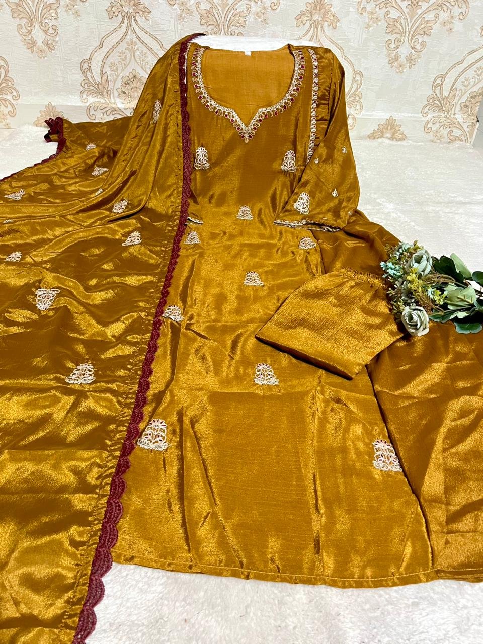 stitched A-line Anarkali flared Premium Chinnon with Full Cotton lining kurti set With Full Embroidery, Designed to make you stand out at any festive or Celebratory Occasion. Crafted from luxurious silk, the A line Anarkali kurti features a graceful flare that flows beautifully. - Image 4