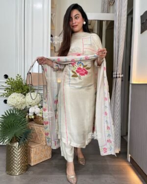 Alternative view of STITCHED Abstract summer muslin set  printed floral on kurta &slit with highlights and beautiful placed duppata