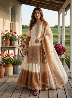 Alternative view of stitched Code:-AK-1146  Launching New  Đěsigner Party Wear Look Pur Heavy Dual Tone Peding Star Georgette Top Plazzo & Dupatta Set