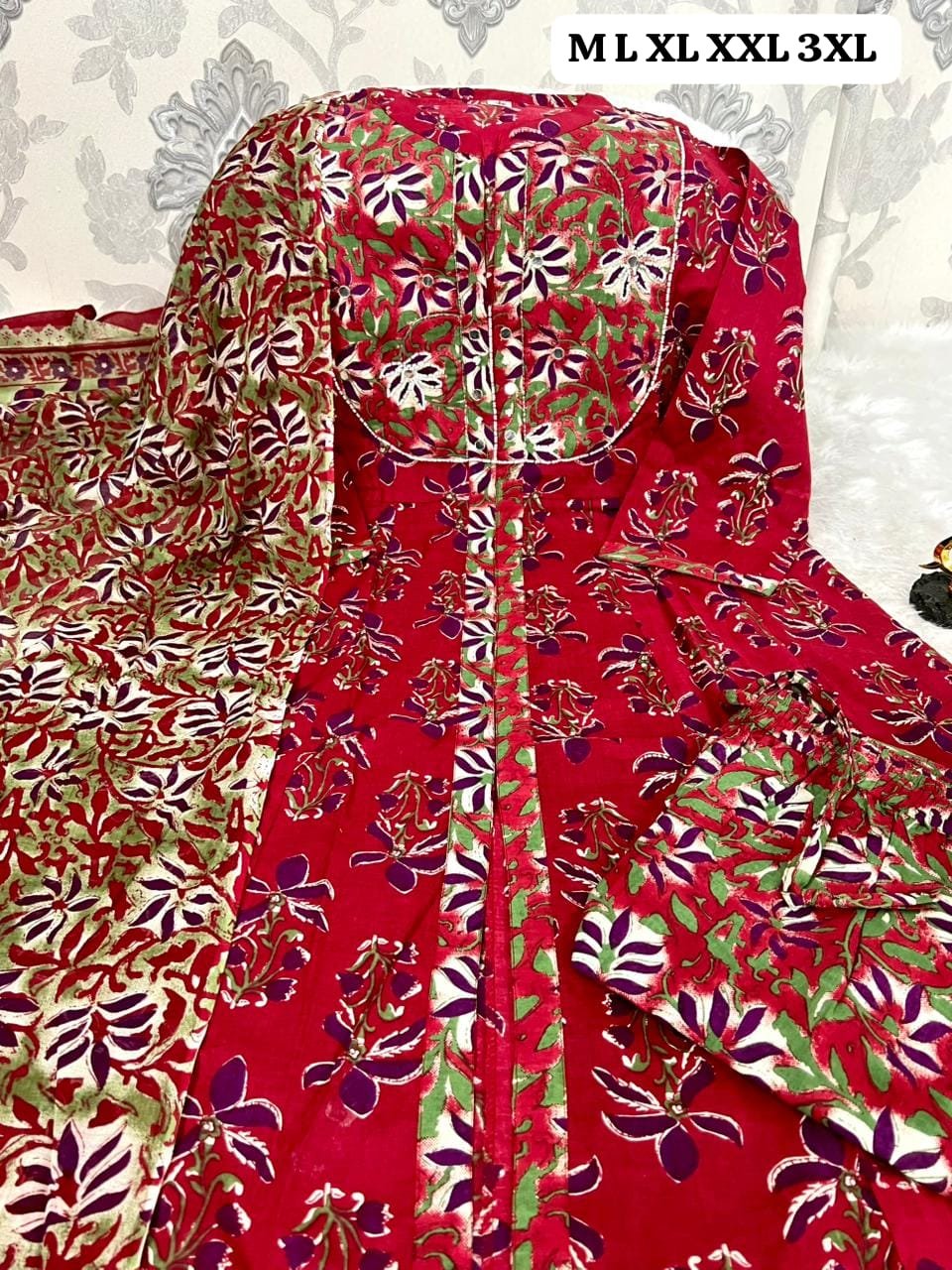 stitched Elegant Purple Anarkali Kurti jisme khoobsurat floral hand-block print ya screen print ka kaam hai. - Image 6