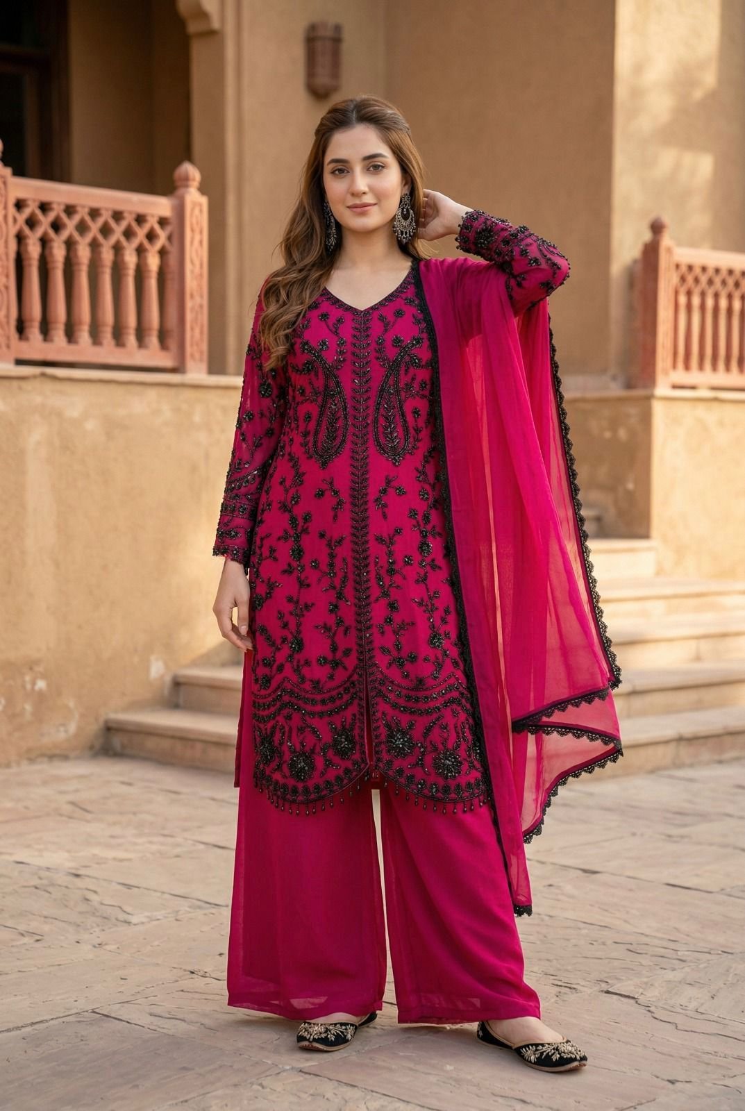 stitched CODE:-AK-1074 NEW DESIGNER HEAVY FUAX GEORGETTE EMBROIDERY WORK 3 PIS SUIT SET