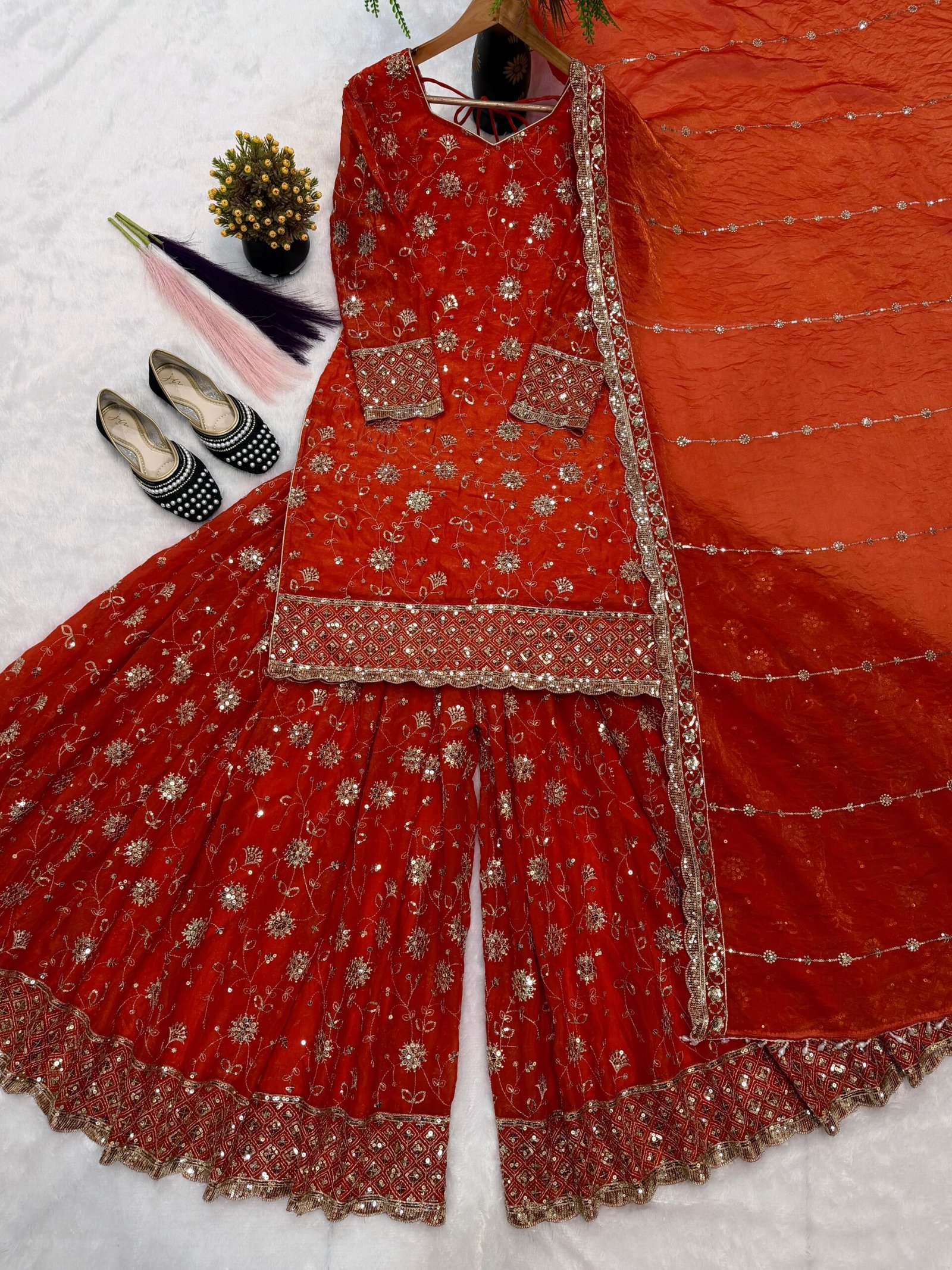 stitched Presenting New Premium Quality With Embroidery Sequence Worked Top-Plazzo And Dupatta Set Fully Stitched Ready To Wear - Image 2