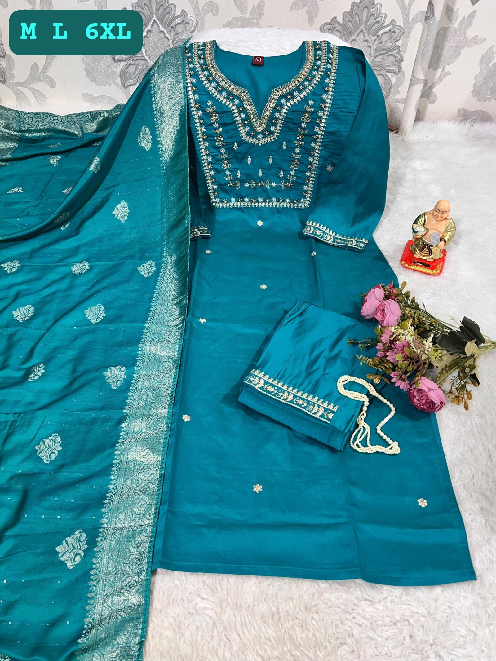 stitched Get ready for your brunches, weekend getaways and vacays with our newly launched*HAND WORK KURTI WITH DUPATTA PENTS SET WITH WORK ON SLEEVS*🪡 - Image 7