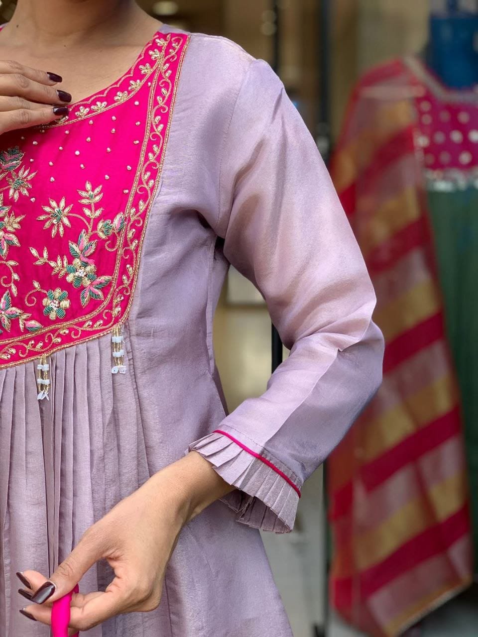 stitched Featuring beautiful Heavy Suit Set which is beautifully decorated Handwork on yoke. It is paired with matching plazzo Pair. - Image 2