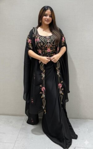 stitched FOR PARTY AND WEDDING SEASON OUR 3 PIECE INDO WESTERN SHRUG ,DHOTI AND BLOUSE WITH SEQUENCE EMBROIDERY WORK