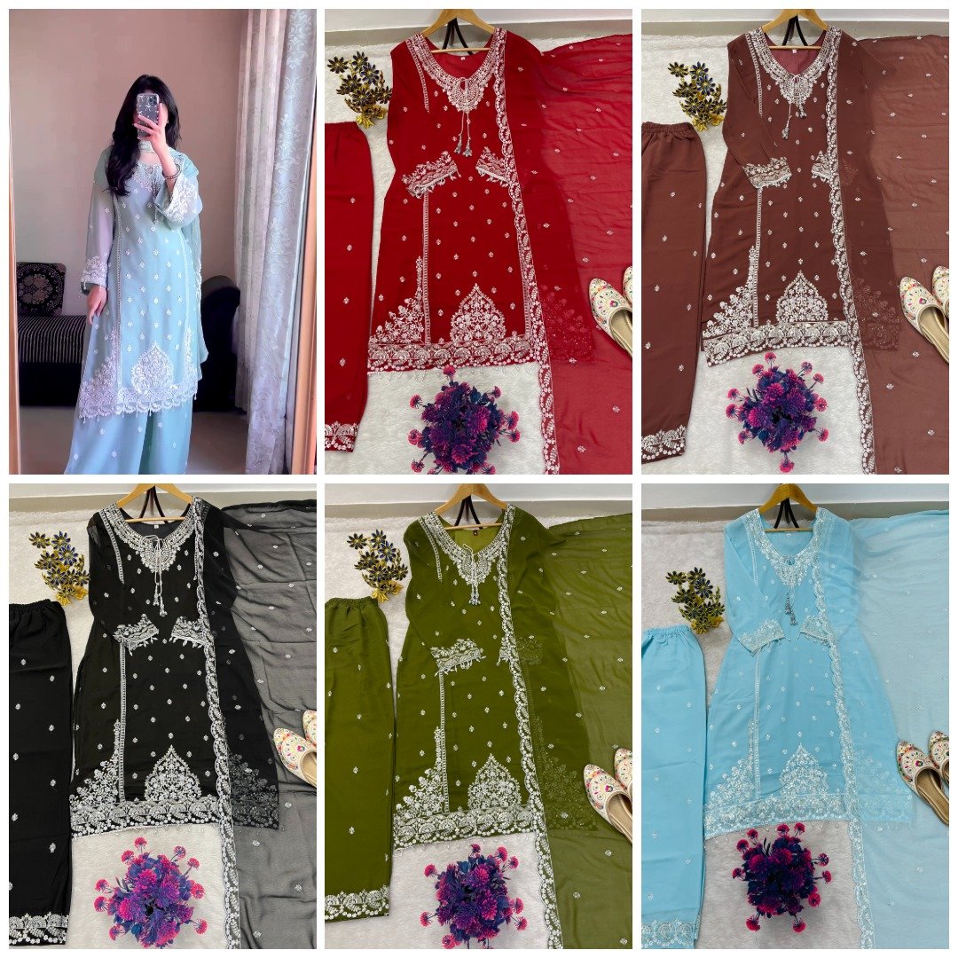 stitched DESIGNER WEAR SEQUENCE EMBROIDERY ON FOX GEORGETTE FABRIC TOP AND PLAZZO WITH DUPATTAD.NO :- AK-7073 - Image 5