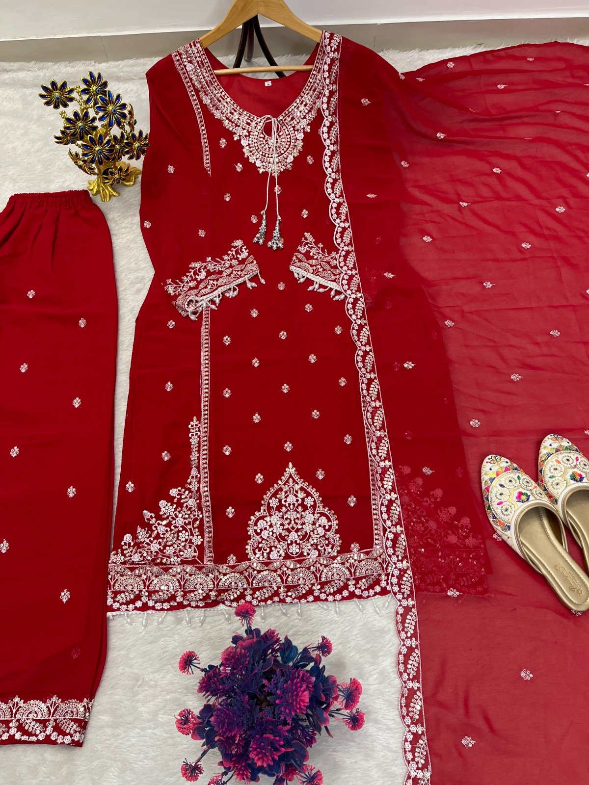 stitched DESIGNER WEAR SEQUENCE EMBROIDERY ON FOX GEORGETTE FABRIC TOP AND PLAZZO WITH DUPATTAD.NO :- AK-7073 - Image 2