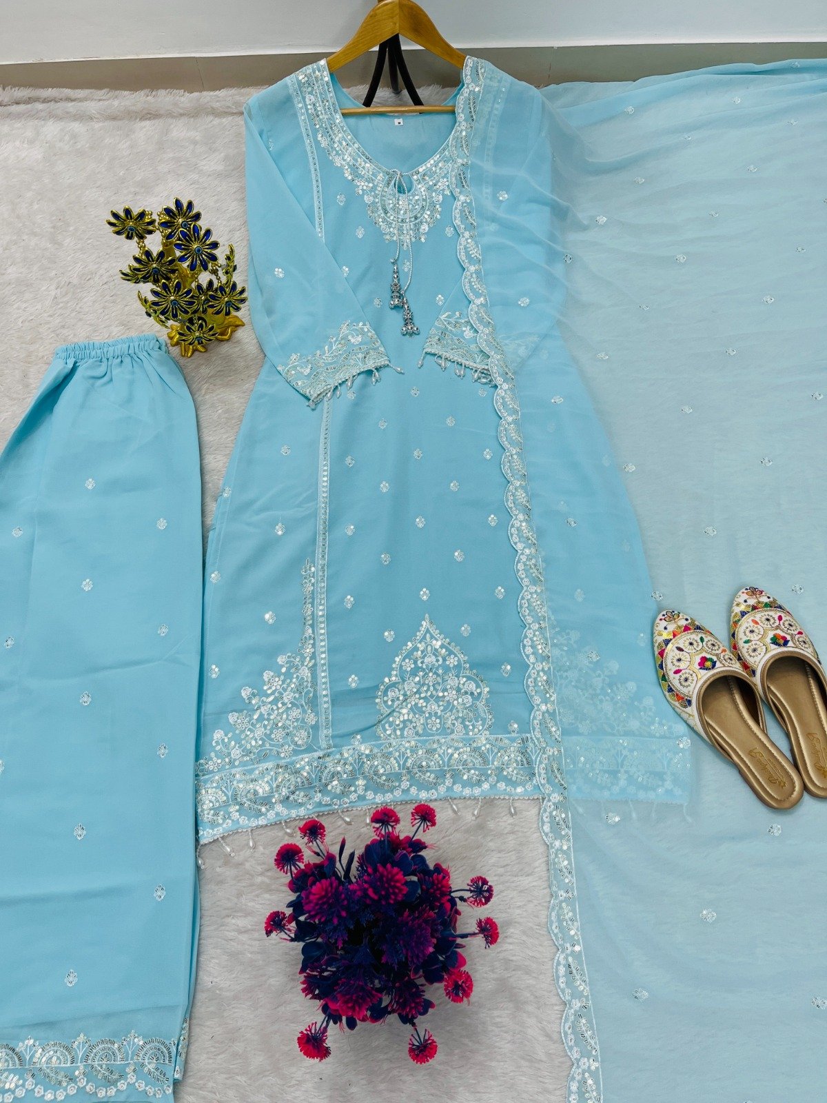 stitched DESIGNER WEAR SEQUENCE EMBROIDERY ON FOX GEORGETTE FABRIC TOP AND PLAZZO WITH DUPATTAD.NO :- AK-7073 - Image 4