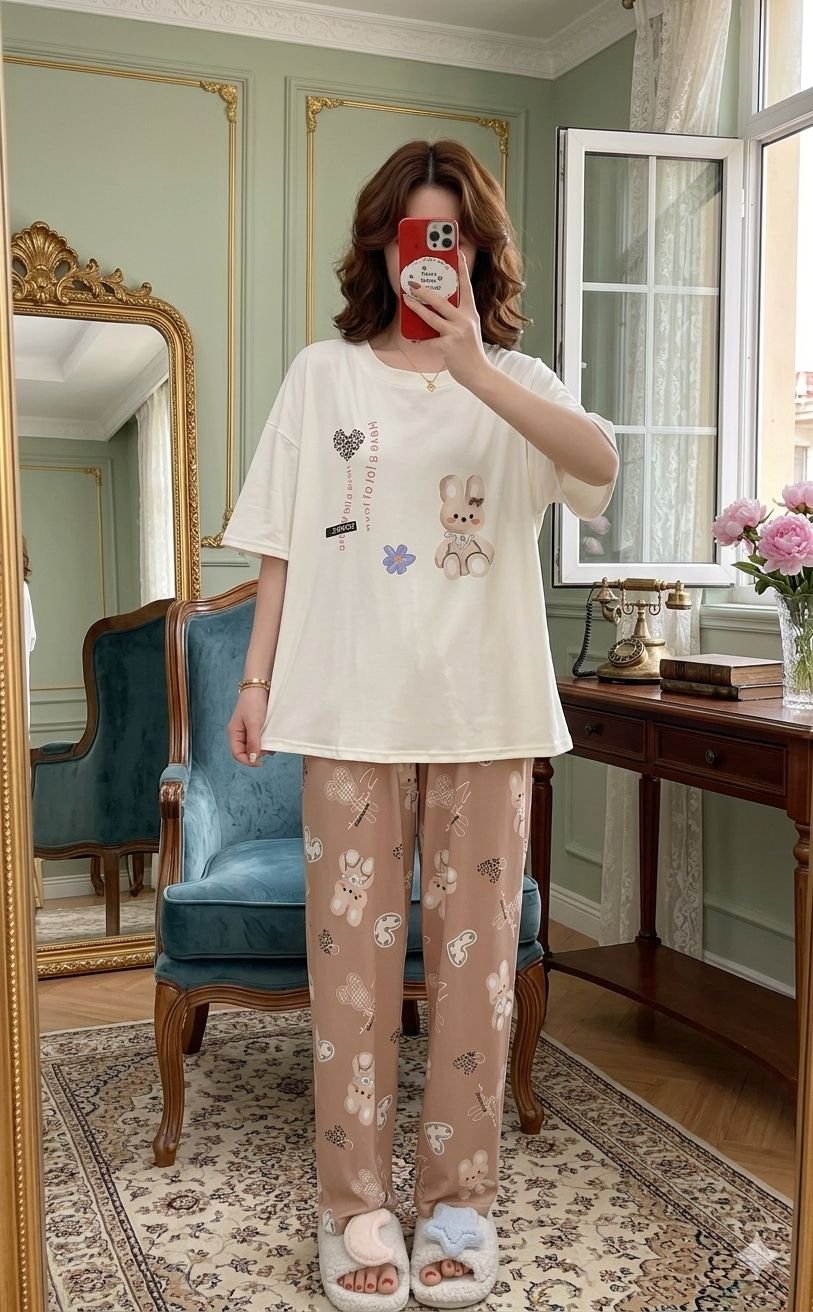 stitched nightsuit Beautiful New Summer special korean style printed n patch work nightsuit ( Tshirt + Pyjama) - Image 3