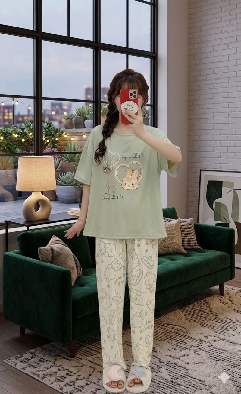 stitched nightsuit Beautiful New Summer special korean style printed n patch work nightsuit ( Tshirt + Pyjama) - Image 9