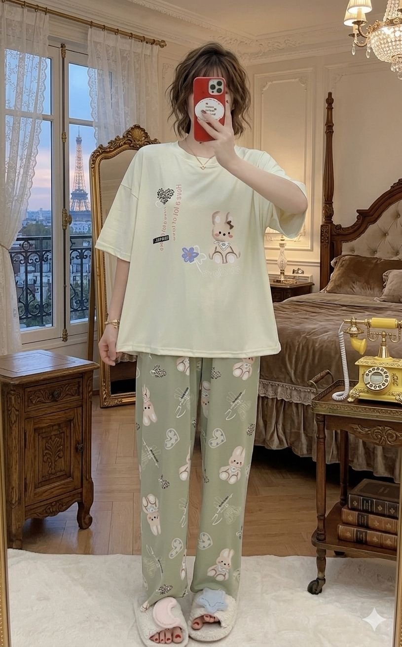 stitched nightsuit Beautiful New Summer special korean style printed n patch work nightsuit ( Tshirt + Pyjama) - Image 7