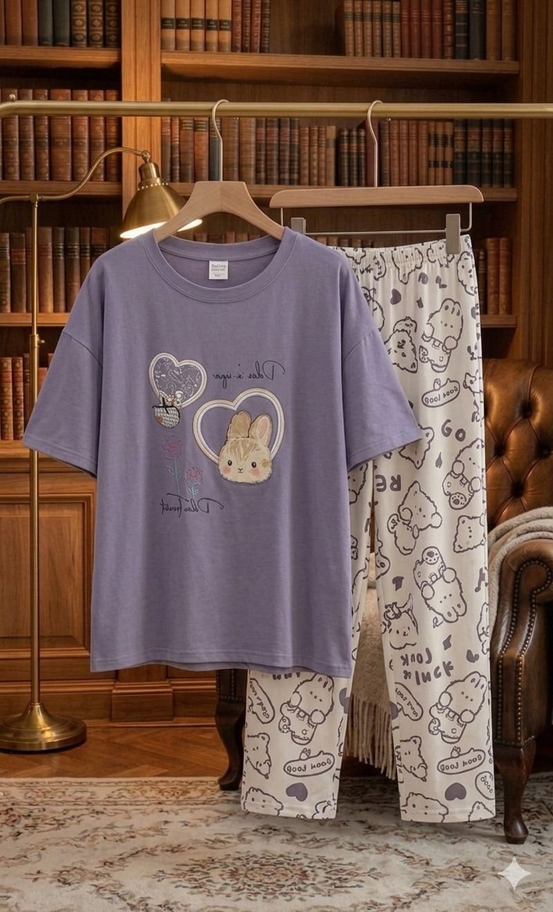 stitched nightsuit Beautiful New Summer special korean style printed n patch work nightsuit ( Tshirt + Pyjama) - Image 6