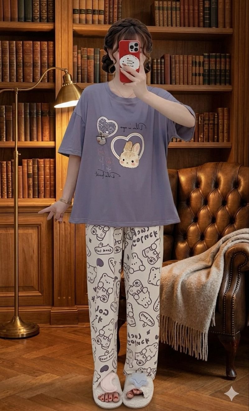 stitched nightsuit Beautiful New Summer special korean style printed n patch work nightsuit ( Tshirt + Pyjama) - Image 5