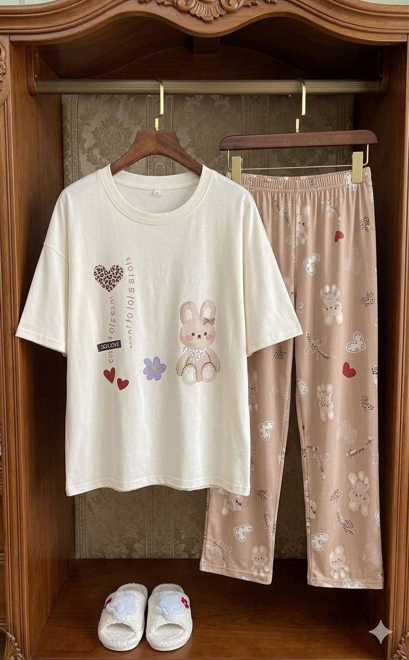 stitched nightsuit Beautiful New Summer special korean style printed n patch work nightsuit ( Tshirt + Pyjama) - Image 4