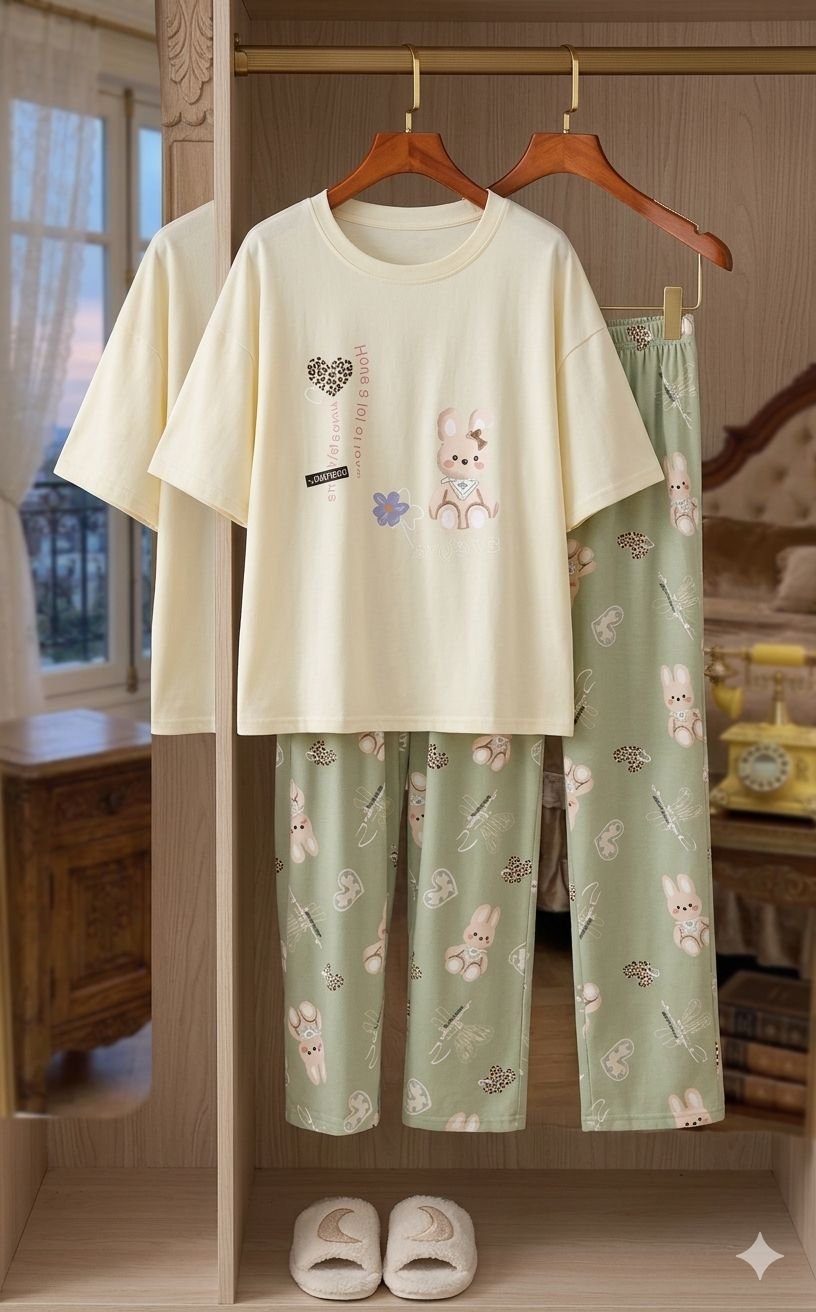 stitched nightsuit Beautiful New Summer special korean style printed n patch work nightsuit ( Tshirt + Pyjama) - Image 8