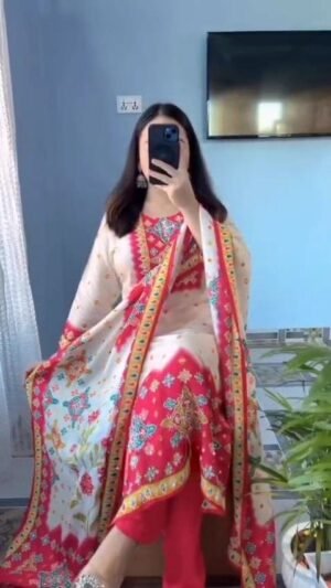 Alternative view of stitched These stunning ethnic sets are crafted from premium Maslin fabric, known for its buttery-smooth texture, natural sheen, and lightweight comfort. Perfect for festive occasions or elegant daily wear, these outfits blend traditional artistry with a modern silhouette.