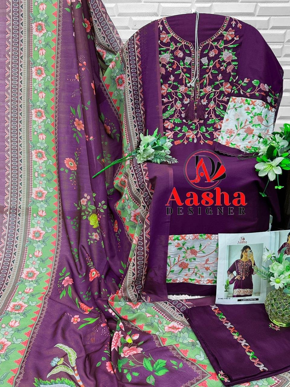 unstitched AASHA DESIGNER Design No -:1192 Colour Top pure reyon with heavy self Embrodery work with Redymade GPO lace - Image 6