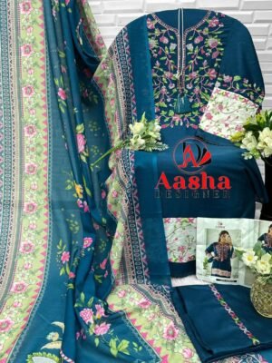 Alternative view of unstitched AASHA DESIGNER  Design No -:1192 Colour  Top pure reyon with heavy self Embrodery work with Redymade GPO lace