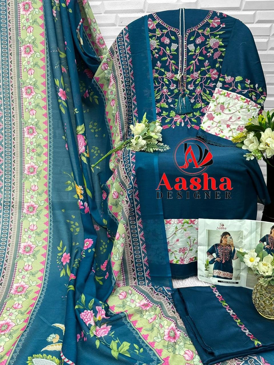 unstitched AASHA DESIGNER Design No -:1192 Colour Top pure reyon with heavy self Embrodery work with Redymade GPO lace - Image 2